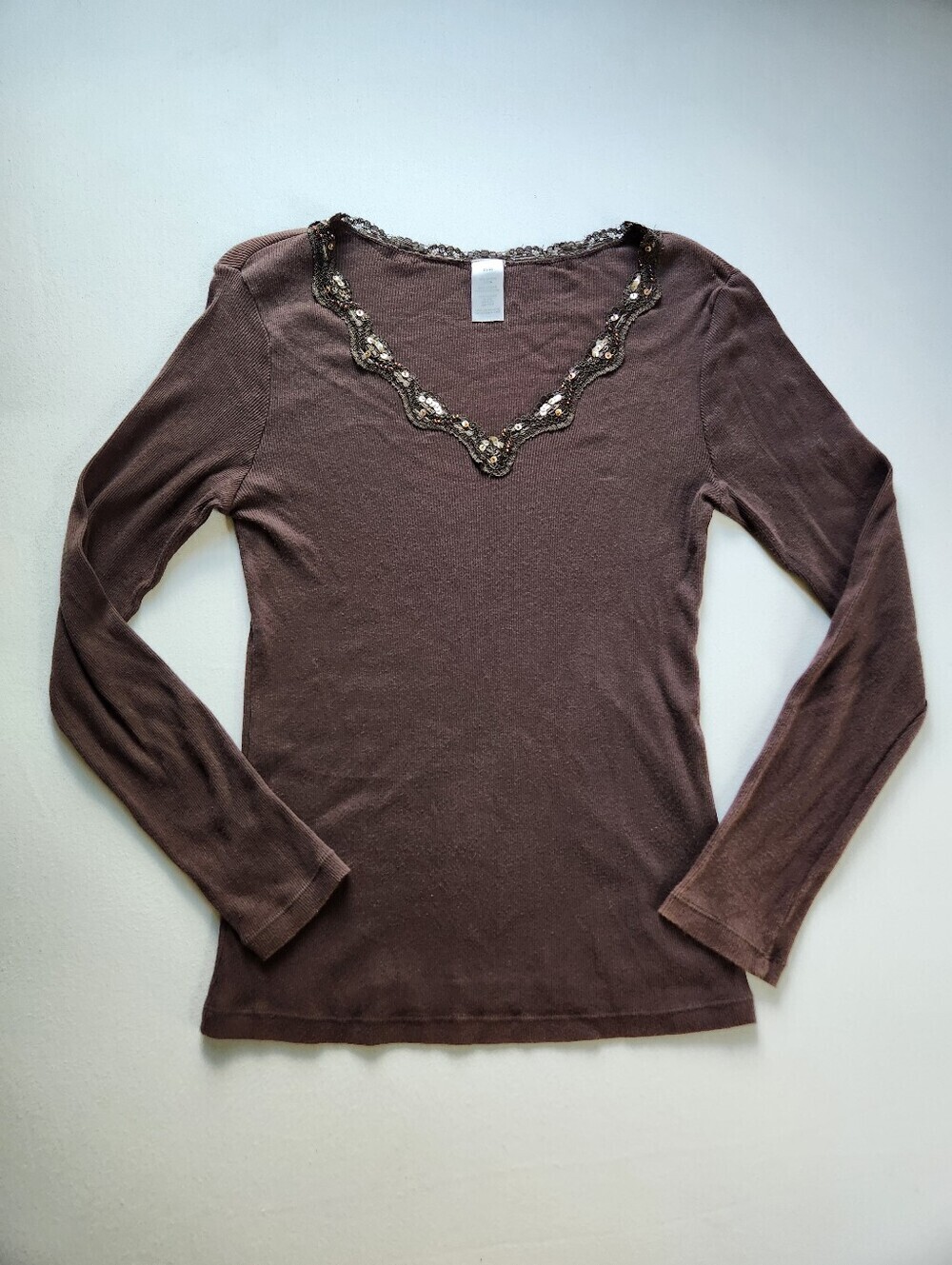 2010s Brown Long Sleeve Top Sequin Lace Beaded V Neck Sz M - Picture 2 of 5